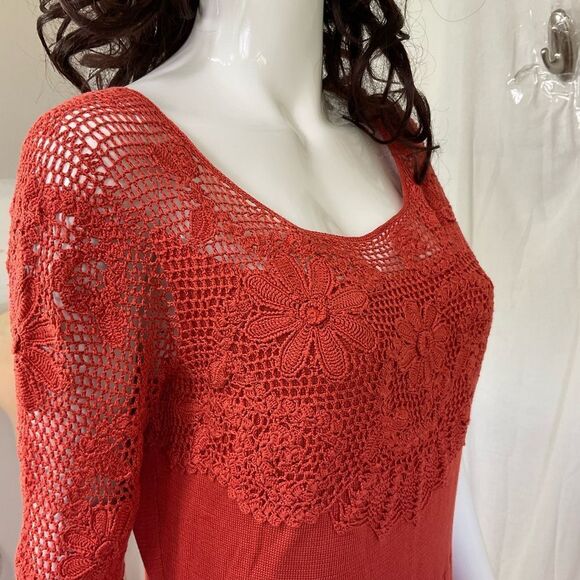 NEW Peruvian Connection Rust Orange 100% Pima Cotton Crochet Knit Midi Dress L - Picture 9 of 9